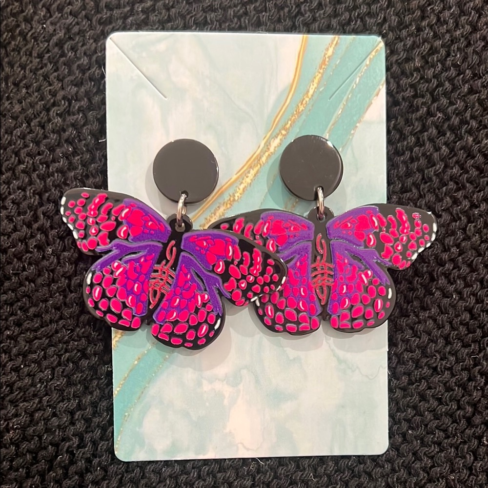Butterfly Drop Earrings Magenta Purple Black‎ Acrylic Statement Nature Jewelry